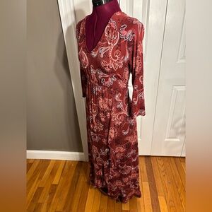 Long Sleeve V Neck Boho Country Chic Maxi Dress in Burgundy Wine Wrap Design.